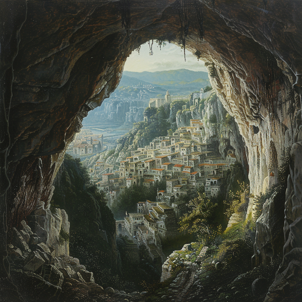An cave mouth overlooking an antiquarian city below. 